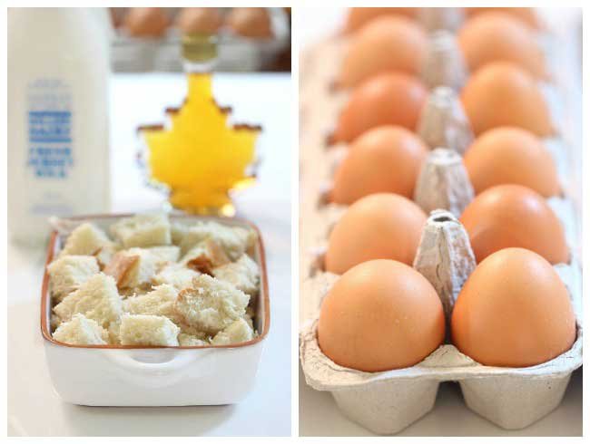 a photo showing an open container of a dozen eggs and a row of maple syrup and small pieces of bread