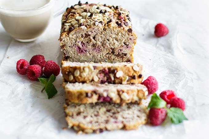 A loaf of raspberry dark chocolate banana bread.