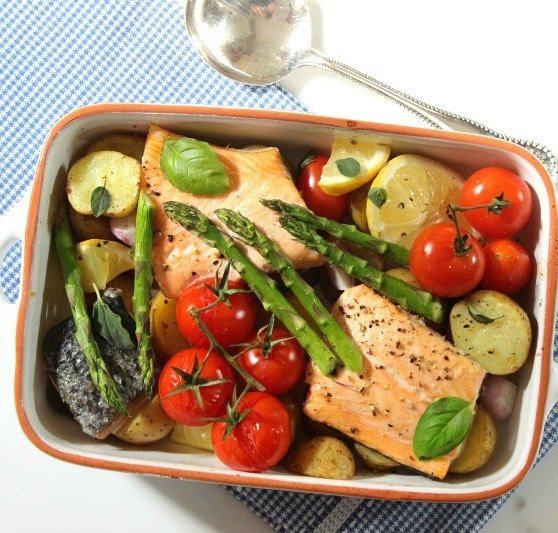 Quick and easy baked salmon with roasted asparagus in a large bowl