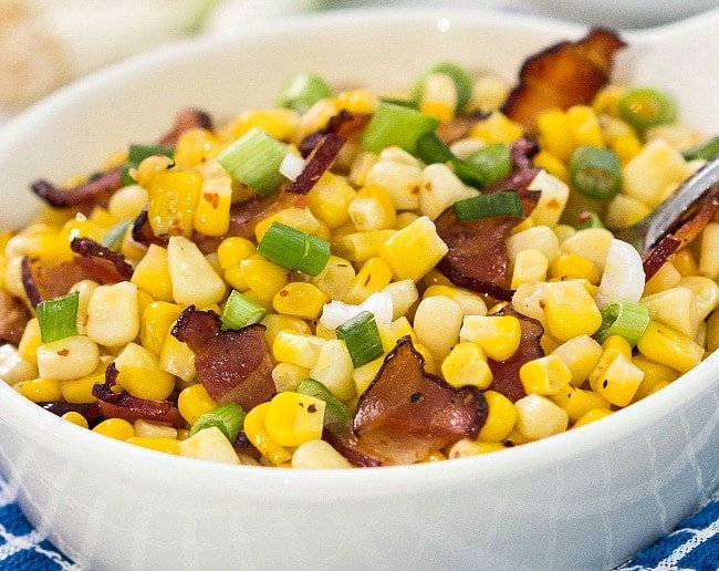 Sauteed Corn, Bacon and Green Onions in a large bowl
