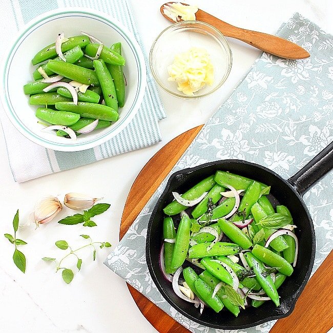 Easy sauteed sugar snap peas in a frying pan