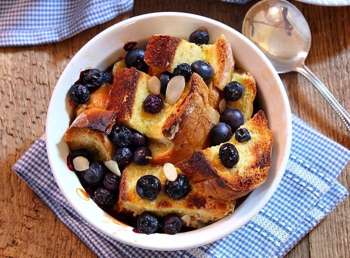 Blueberry maple bread pudding in a large bowl
