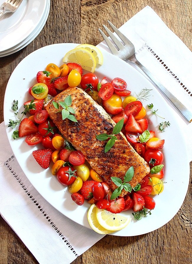 Sweet Hot Coriander Salmon with Strawberry Tomato Salad