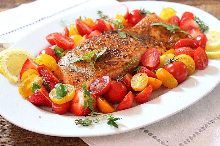 Sweet Hot Coriander Salmon with Strawberry Tomato Salad
